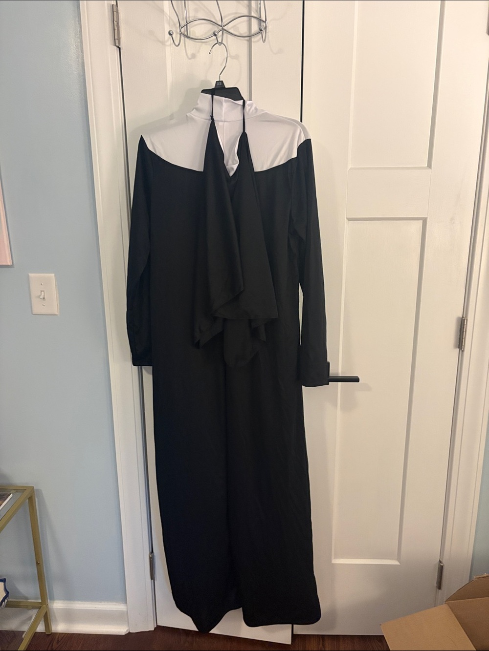 Black and White Long Sleeve Maxi Dress with Attached Scarf
